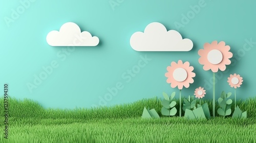 Colorful Paper Flowers with Green Grass and Blue Sky Background