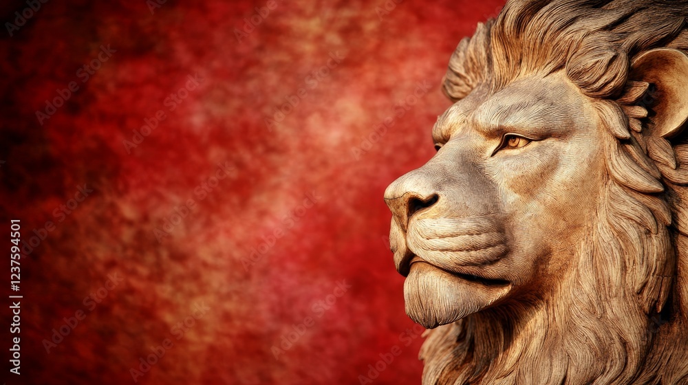 Obraz premium Noble Lion Head Sculpture Against Red Background