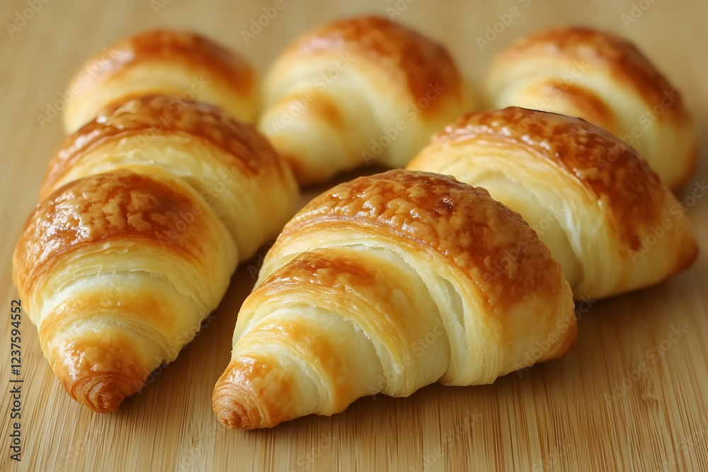 Golden croissants on wooden board, bakery Golden croissants on wooden board, bakery
