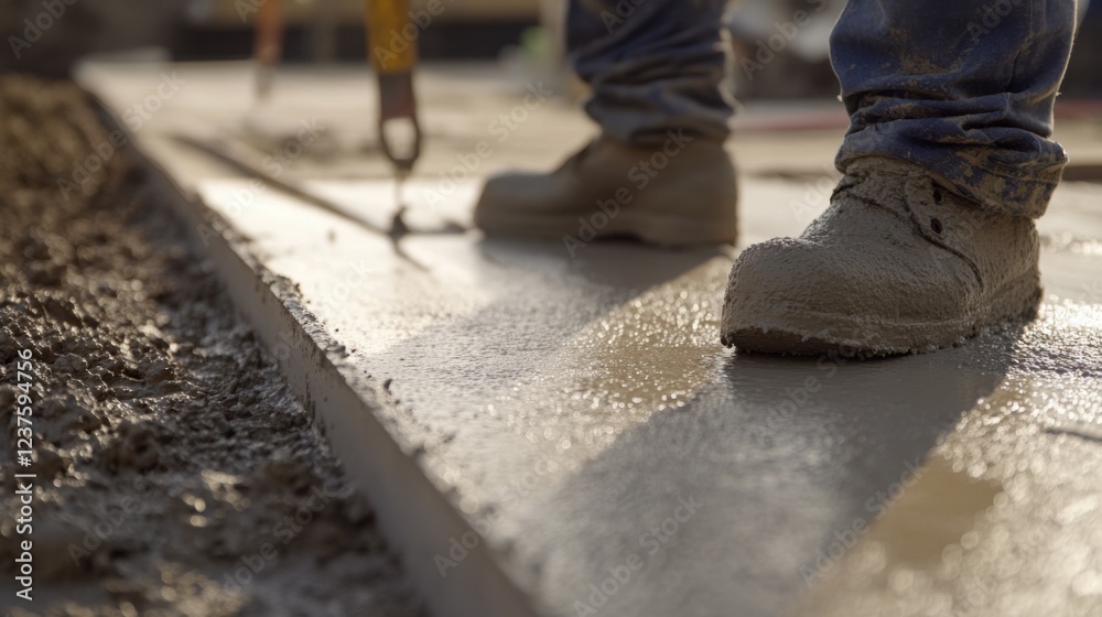 An up-close image of a concrete finisher smoothing out freshly poured concrete on a construction site, Concrete pouring scene, Skilled and meticulous style An up-close image of a concrete finisher smoothing out freshly poured concrete on a construction site, Concrete pouring scene, Skilled and meticulous style