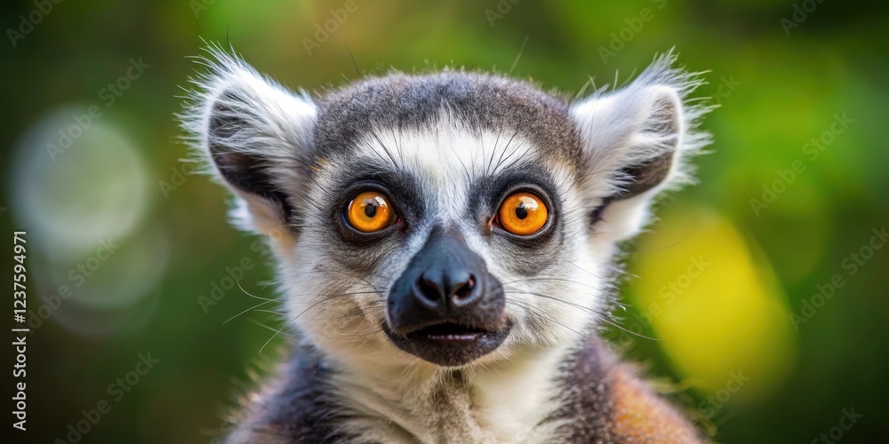 Obraz premium A mischievous lemur's face with a prominent nose and expressive big eyes looks directly at the camera in amusement, playful primates, funny lemurs