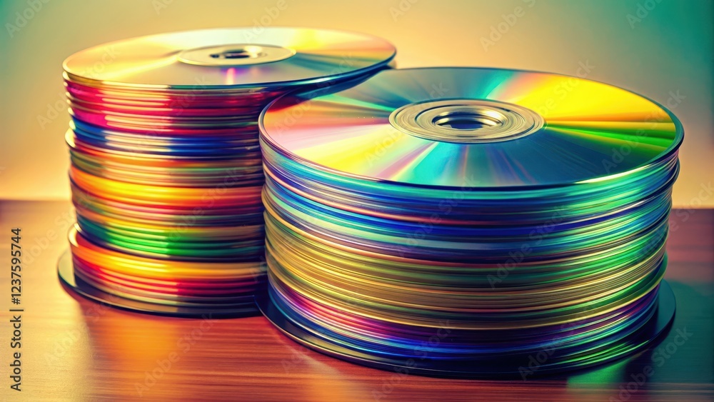 A stack of colorful compact discs with vibrant hues against a neutral background, electronic media, retro technology A stack of colorful compact discs with vibrant hues against a neutral background, electronic media, retro technology