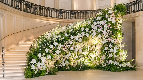 Grand staircase floral arrangement, elegant event backdrop photo