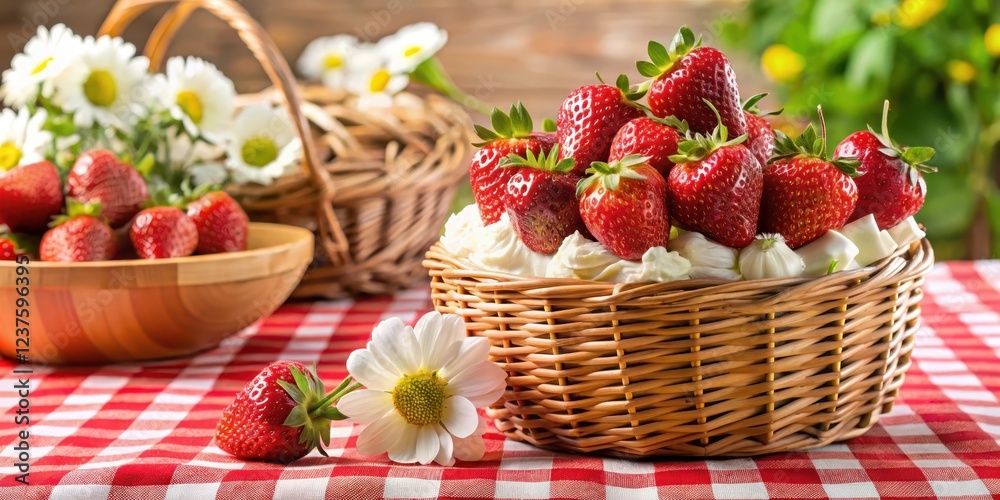Fresh strawberries and whipped cream piled high on a wicker basket with a red checkered tablecloth and a vase of fresh flowers in the background, fruit, dessert Fresh strawberries and whipped cream piled high on a wicker basket with a red checkered tablecloth and a vase of fresh flowers in the background, fruit, dessert