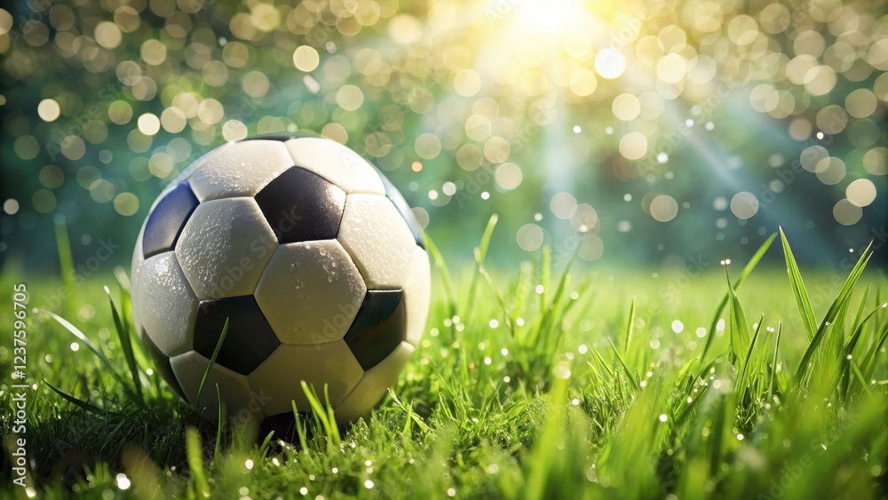 Fototapeta premium A close-up shot of a soccer ball on lush green grass with slight dew drops on its surface and blades of grass swaying gently in the breeze , dew, grass