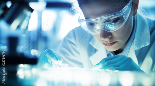 Researcher in a lab coat conducting safety testing procedures on a small device, wearing protective goggles and gloves, with a blurred background of lab equipment.  photo