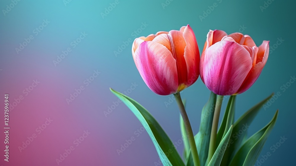 Fototapeta premium Two pink tulips on gradient background. Perfect for spring greeting cards