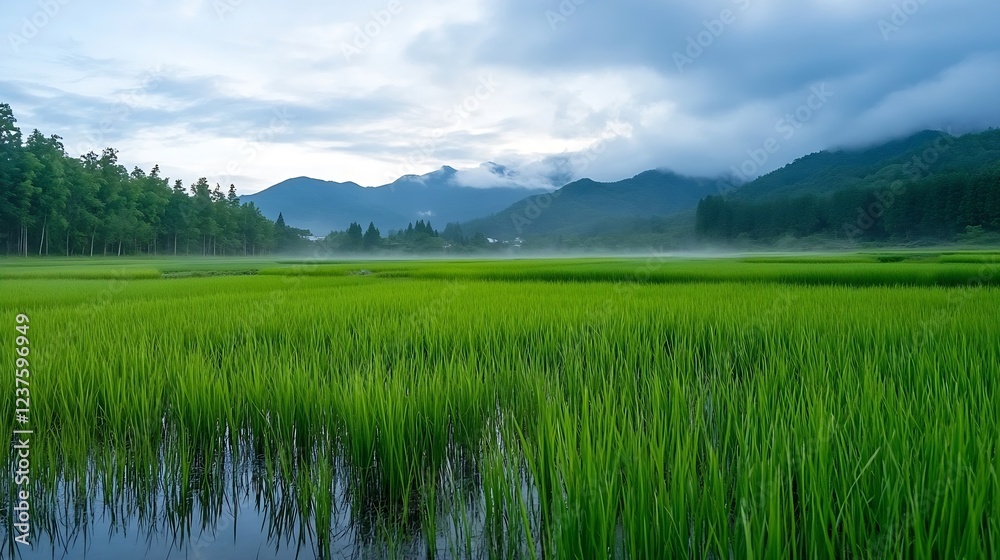 Obraz premium Lush Green Rice Fields with Misty Mountain Views at Dawn in Rural Countryside Presenting : Generative AI