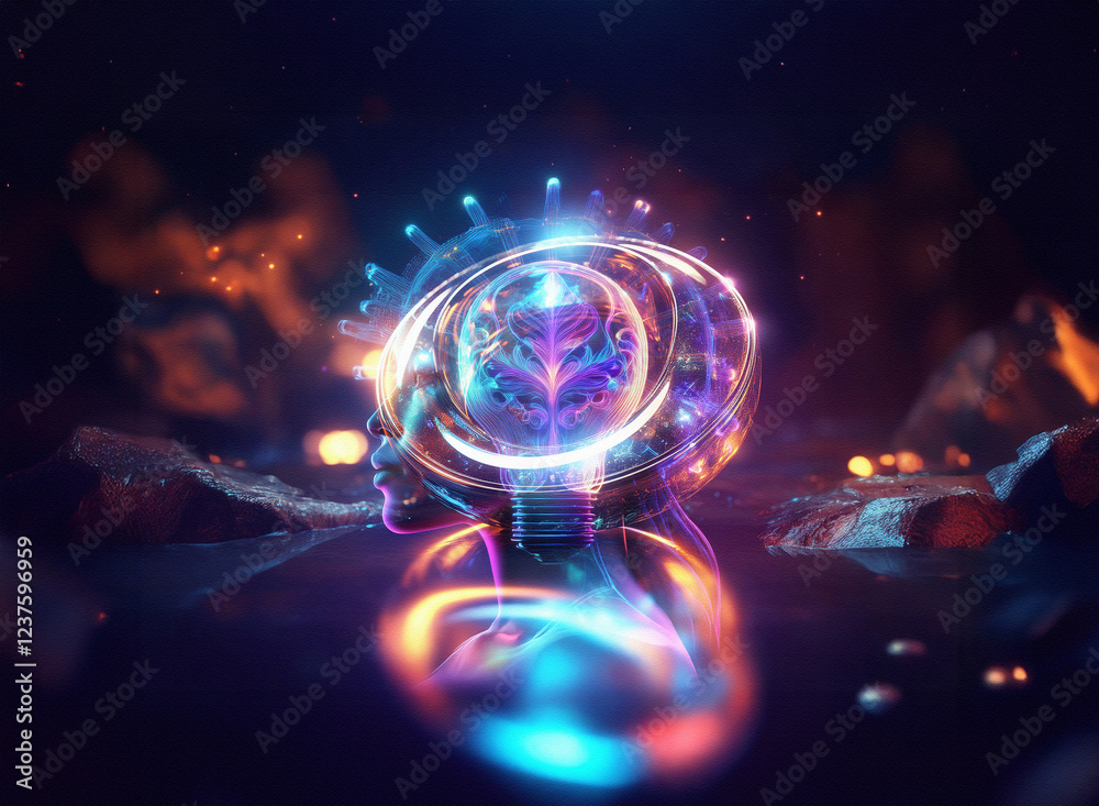 Obraz premium A mesmerizing double exposure image: a glowing orb, seemingly containing a face, rests on a dark, reflective surface amidst swirling, vibrant energy.
