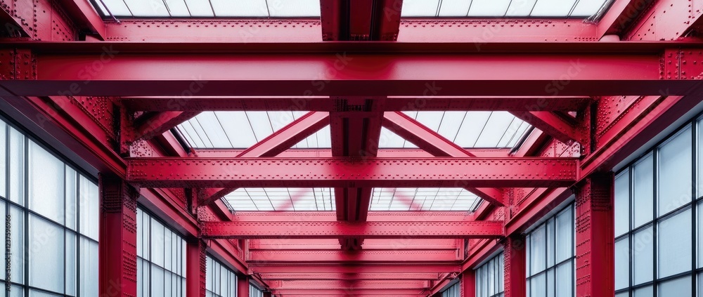 Fototapeta premium Industrial Red Steel Beams and Skylight Structure