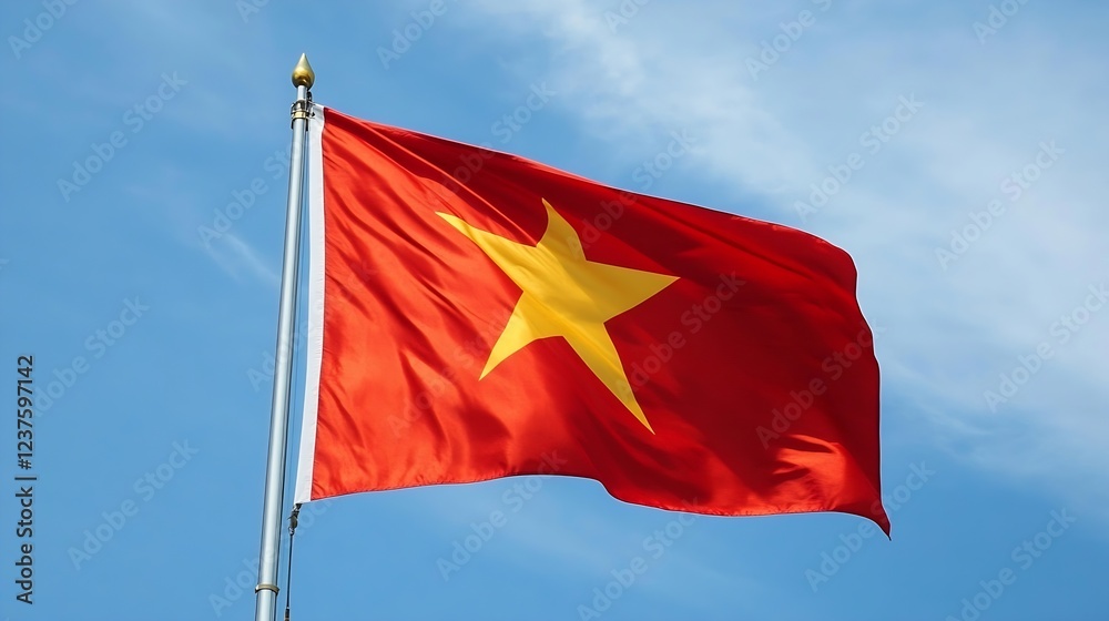 Naklejka premium Vietnamese Flag with Golden Star Against a Clear Blue Sky Background : Generative AI