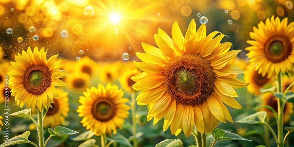 Fototapeta premium A warm sunflower field with tall yellow flowers and a few droplets of golden yellow bubble oil on the petals, sunny day, golden yellow