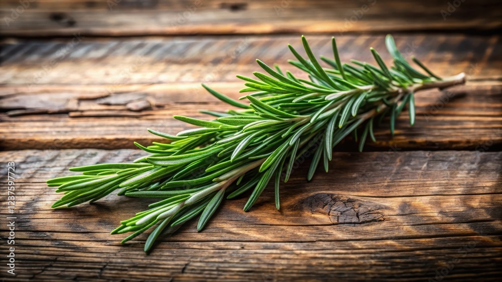 A fragrant sprig of fresh rosemary isolated on a rustic wooden background with natural textures and subtle lighting effects, texture, rosemary leaf A fragrant sprig of fresh rosemary isolated on a rustic wooden background with natural textures and subtle lighting effects, texture, rosemary leaf