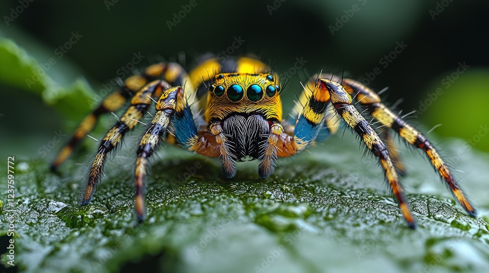 Vibrant Jumping Spider on Leaf, Close-up Macro Shot Vibrant Jumping Spider on Leaf, Close-up Macro Shot
