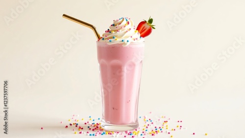 A creamy pink strawberry milkshake with whipped cream, colorful nonpareil sprinkles, and a golden straw, set against a soft white background. photo