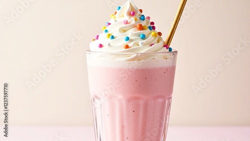 A creamy pink strawberry milkshake with whipped cream, colorful nonpareil sprinkles, and a golden straw, set against a soft white background. photo