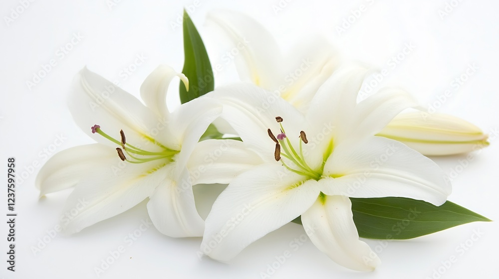 Fototapeta premium Pure White Lily Flowers with Lush Green Leaves on Pristine White Background : Generative AI