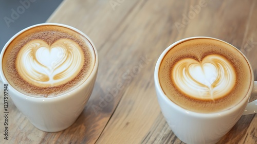 Wallpaper Mural Close Up of Two Cappuccino Coffee Cups with Heart Shaped Latte Art on a Wooden Table : Generative AI Torontodigital.ca