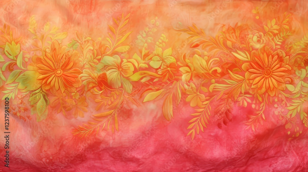 Orange Floral Textile Design, Dye, Fabric Art Orange Floral Textile Design, Dye, Fabric Art