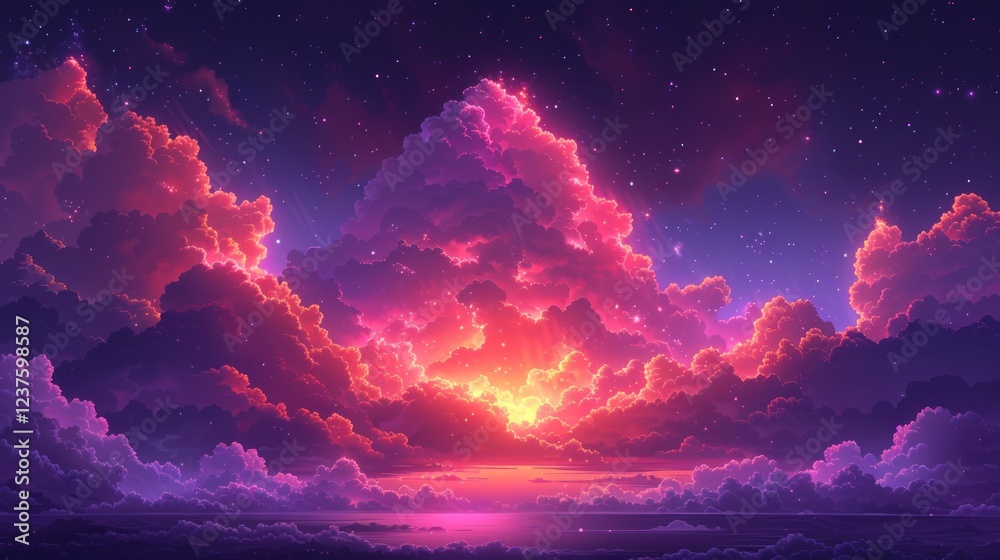 Naklejka premium Vibrant sunset cloudscape over ocean, starry night sky, fantasy art, ideal for desktop wallpaper
