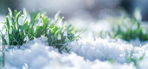 Snowdrops growing through the snow show the triumph of resilience, survival, and the enduring strength of hope in harsh conditions. photo