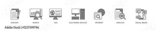 Digital marketing icon set flow process which consists of content, search, seo, electronic devices, internet, analysis and social media icon live stroke and easy to edit .