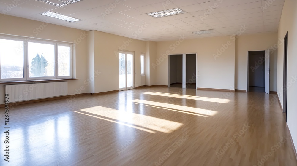 Fototapeta premium Spacious and Versatile Empty Room with Hardwood Floors and Natural Light for MultiPurpose Use : Generative AI