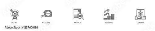 Dmaic icon set flow process which consists of management, performance, development, target icon live stroke and easy to edit .