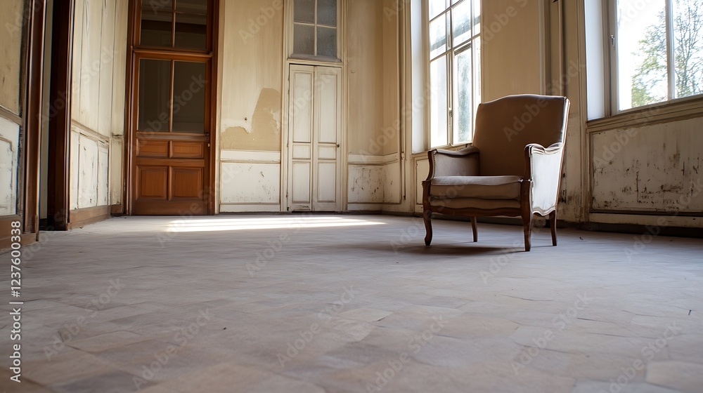 Fototapeta premium Vintage Abandoned Room with Rustic Armchair and Weathered Interior Aesthetic : Generative AI