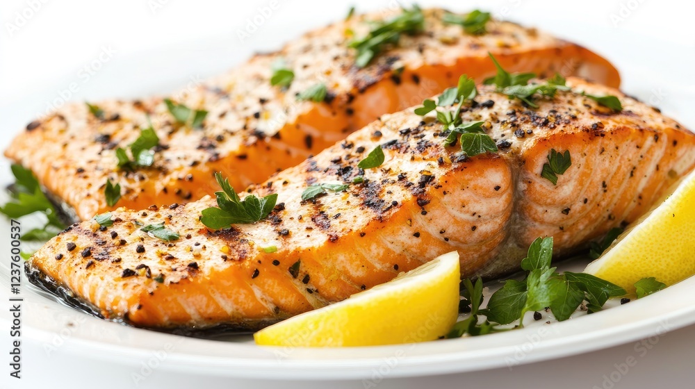 Close-up of a perfectly grilled salmon steak on a plate, garnished with fresh herbs and lemon slices, placed on a clean white background Close-up of a perfectly grilled salmon steak on a plate, garnished with fresh herbs and lemon slices, placed on a clean white background