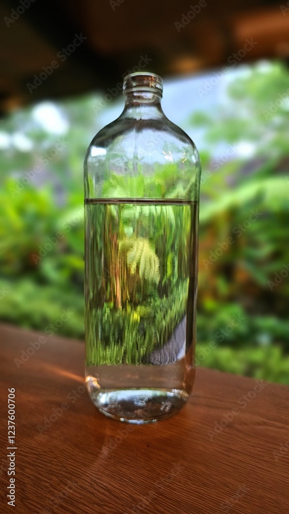 A bottle of clear water on wooden table with a view natural garden. The bottle is clear . Concept of natural and healthy A bottle of clear water on wooden table with a view natural garden. The bottle is clear . Concept of natural and healthy