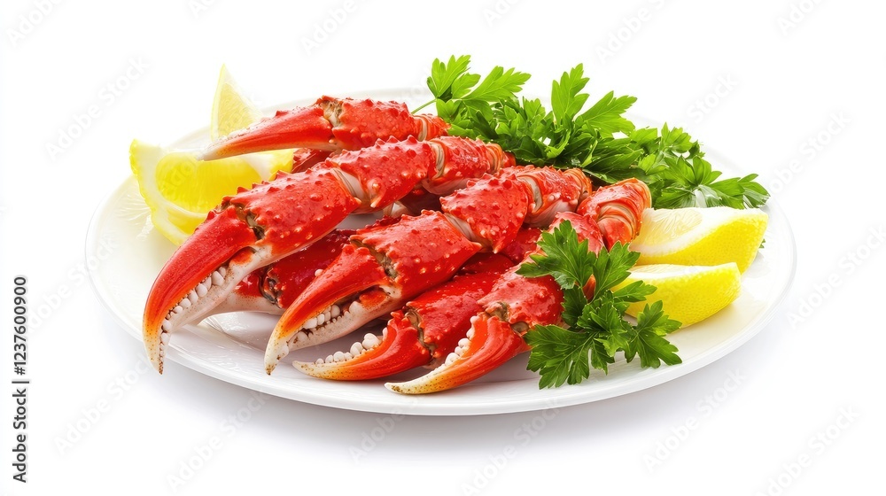 Close-up of Alaskan king crab legs neatly arranged on a plate with lemon wedges and parsley, isolated on a white background Close-up of Alaskan king crab legs neatly arranged on a plate with lemon wedges and parsley, isolated on a white background