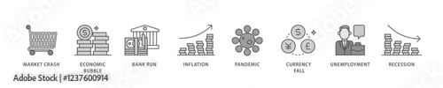 Economic crisis icon set flow process which consists of recession, unemployment, inflation, currency fall, pandemic, bank run icon live stroke and easy to edit .