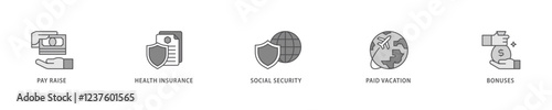 Employee benefits icon set flow process which consists of pay raise, health insurance, social security, paid vacation and bonuses icon live stroke and easy to edit .