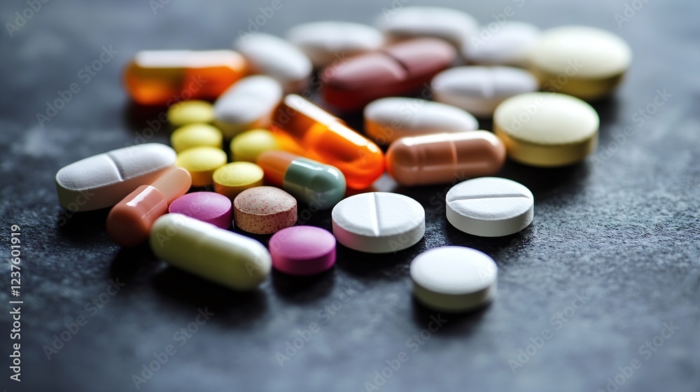CloseUp of Various Colorful Pills and Capsules on Dark Surface : Generative AI CloseUp of Various Colorful Pills and Capsules on Dark Surface : Generative AI