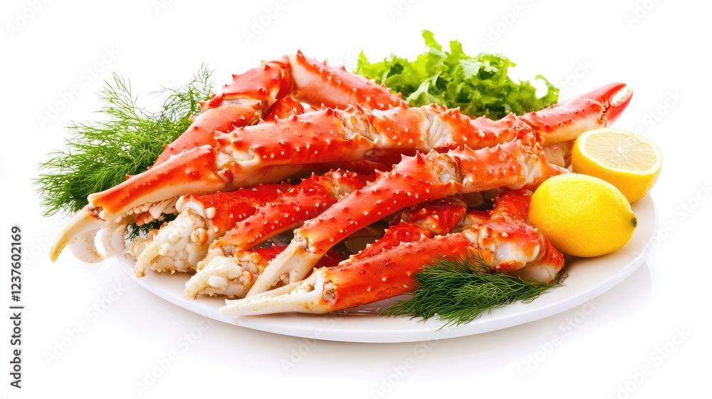Freshly cooked Alaskan king crab legs styled with a hint of lemon juice and dill on a simple white plate and white background Freshly cooked Alaskan king crab legs styled with a hint of lemon juice and dill on a simple white plate and white background
