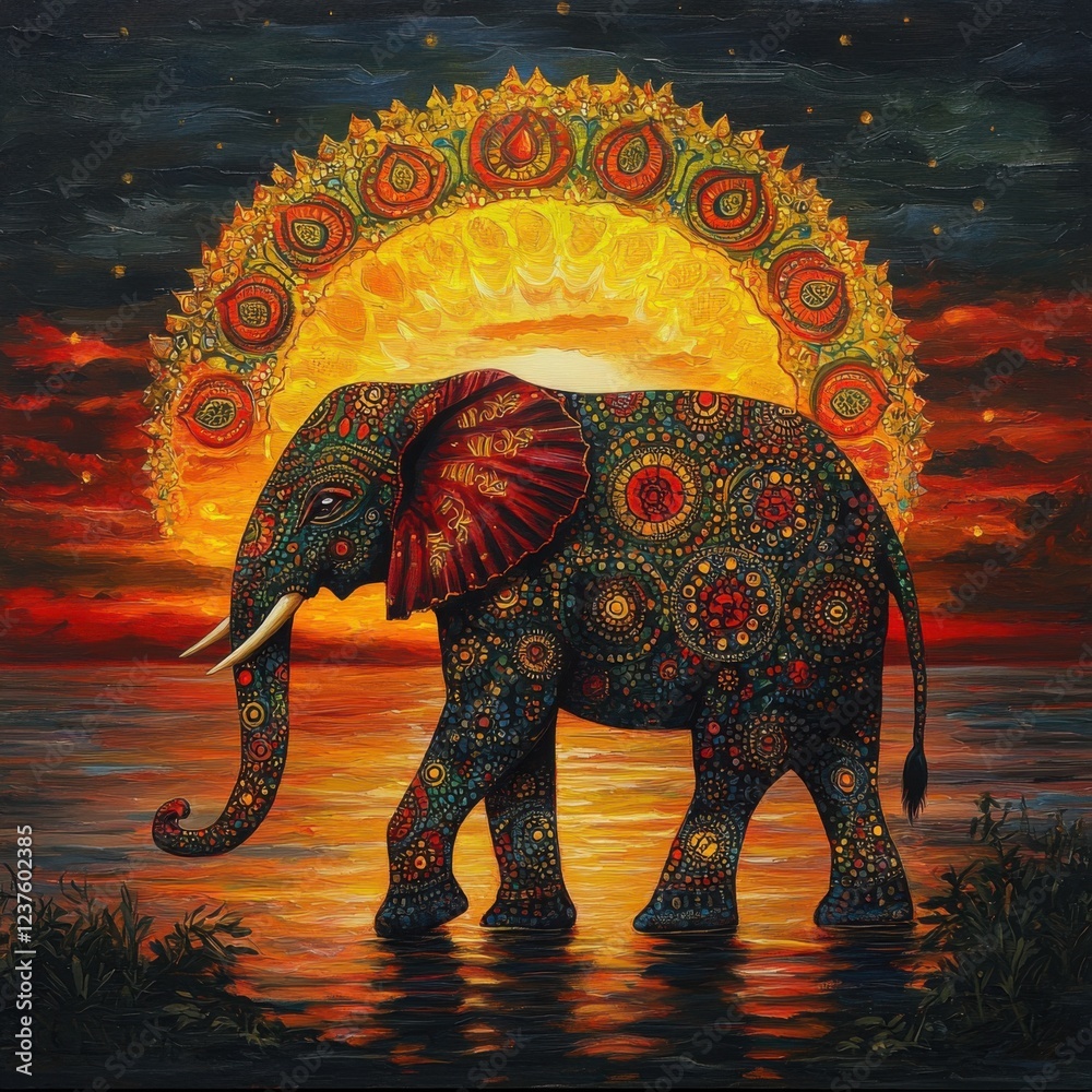 Obraz premium Majestic Elephant Surrounded by Vibrant Patterned Mandala Sunset