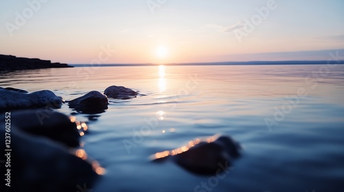 Serene Lakeside Sunset with Calm Water and Rocky Shoreline : Generative AI