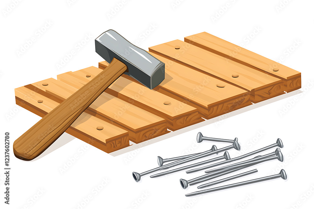 A flat vector illustration of a hammer and nails, perfect for DIY projects and construction-themed designs A flat vector illustration of a hammer and nails, perfect for DIY projects and construction-themed designs