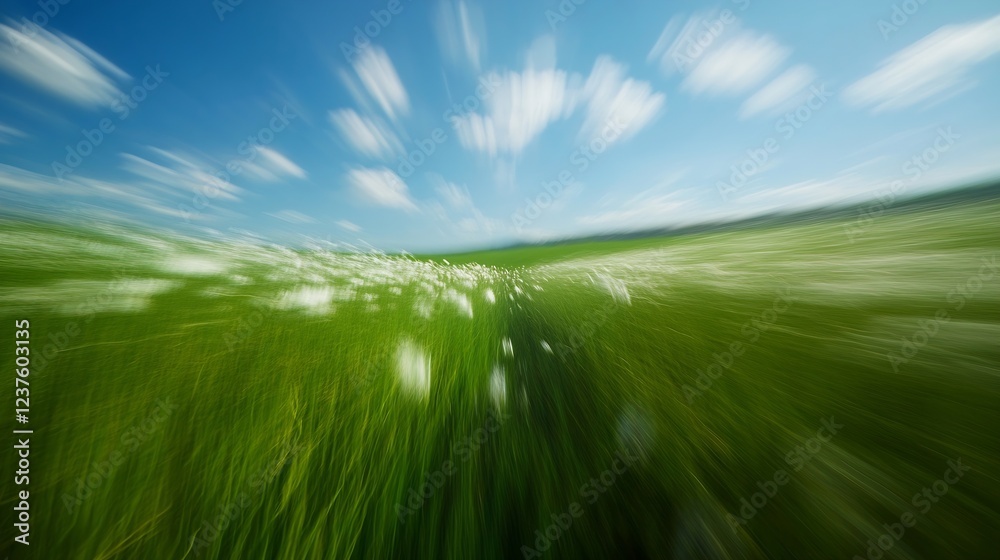 Obraz premium Vivid Meadow with Motion Blur Effect Capturing the Essence of Nature and Sky : Generative AI