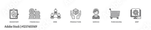 ERP icon set flow process which consists of inventory, financials, hrm, production, service, purchasing, and mrp icon live stroke and easy to edit .