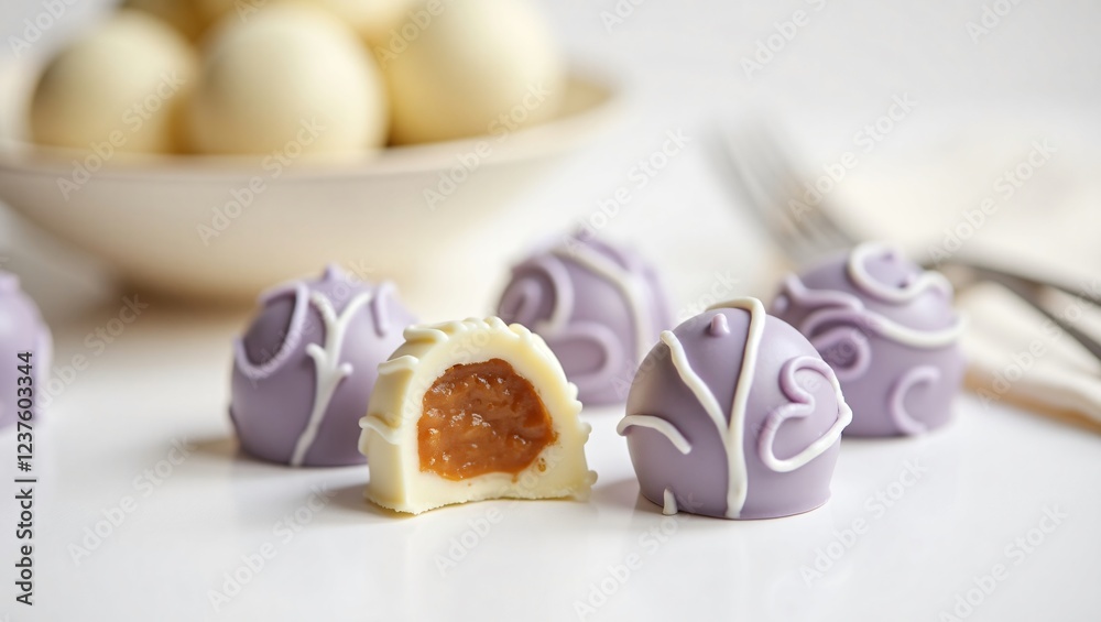 Lavender-infused white chocolate truffles with caramel centers, resting on a white surface, highlighted by soft, warm lighting and subtle swirls. Lavender-infused white chocolate truffles with caramel centers, resting on a white surface, highlighted by soft, warm lighting and subtle swirls.