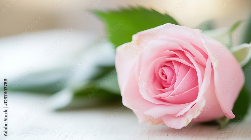 Fototapeta premium Delicate Pink Rose with Lush Green Leaves Closeup on Soft Background : Generative AI