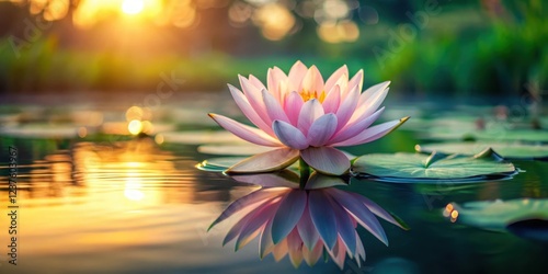 A delicate lotus flower blooms on the surface of a serene and peaceful pond at dawn, pond, dawn,  pond