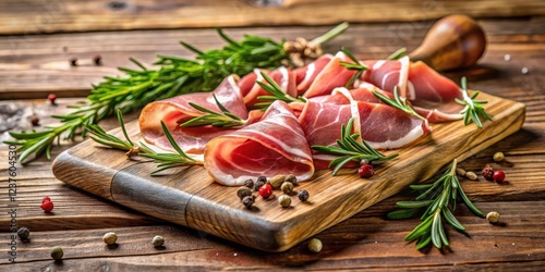 Italian ham slices on a rustic wooden cutting board with fresh rosemary and thyme herbs scattered around , italian food, herbes de provence photo