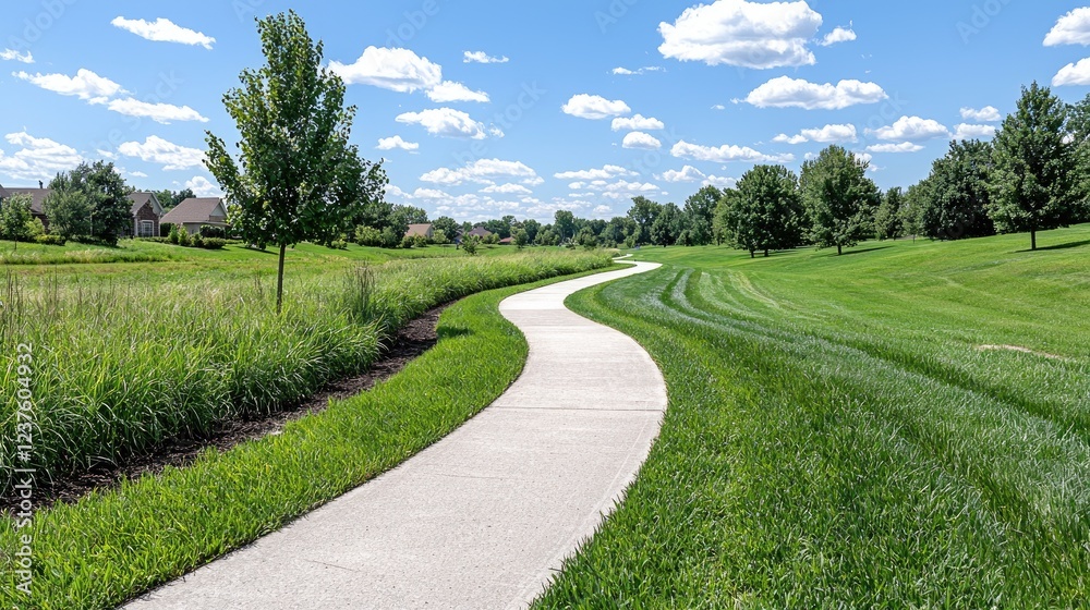 Winding path, suburban landscape, summer day, background houses Winding path, suburban landscape, summer day, background houses