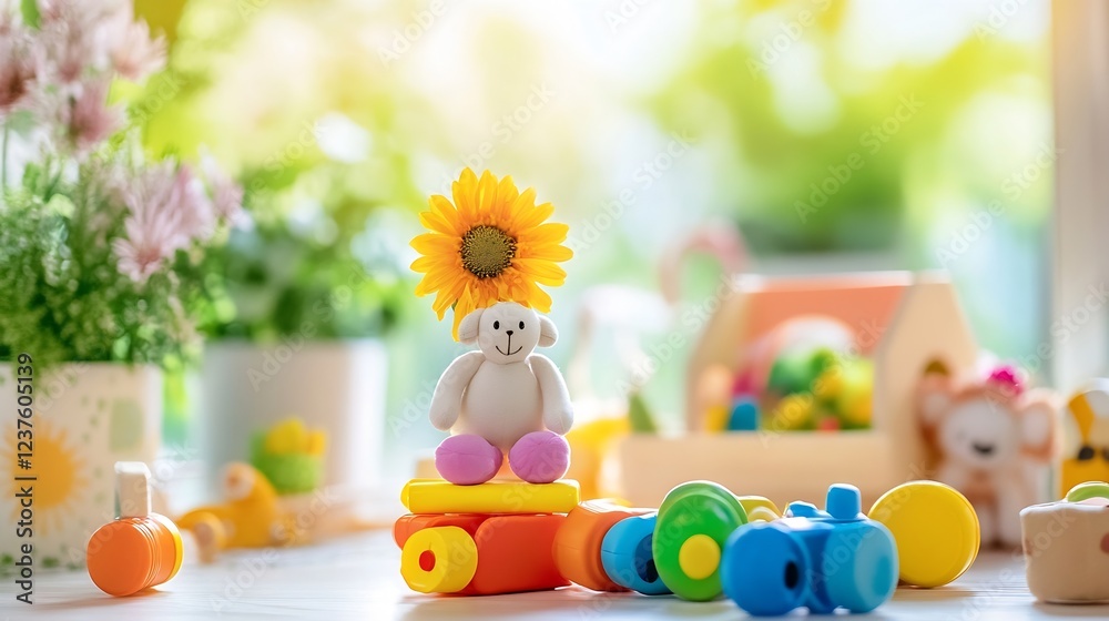 Obraz premium Cheerful Sunflower Toy Amidst a Playful and Colorful Playroom : Generative AI