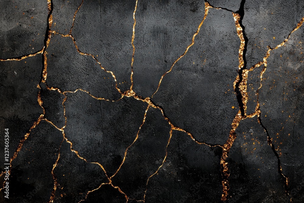 Obraz premium A dark gray background with golden cracks, suitable for use as a wallpaper, creating a dramatic and moody atmosphere.