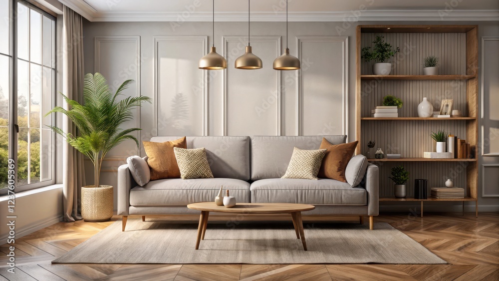 Fototapeta premium Modern living room interior with stylish comfortable sofa, cozy, interior design, cozy, interior design, relaxation