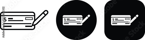 Payment check icon in flat and line style set. vector for apps or website bank cheque symbol. paycheck sign in black Bank Check related glyph icon. Isolated on transparent background.